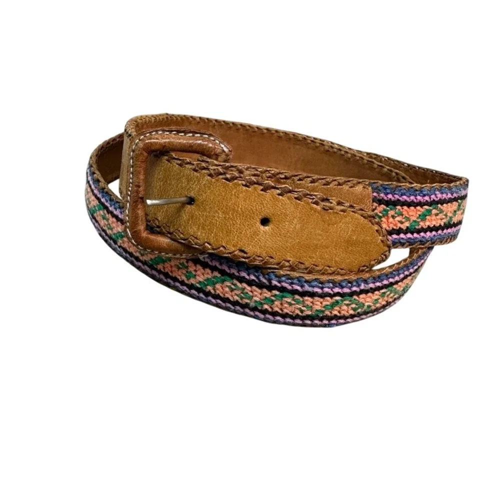 Vintage Southwestern Woven Leather Belt Size 38 Brown Multicolor Guatemala Boho